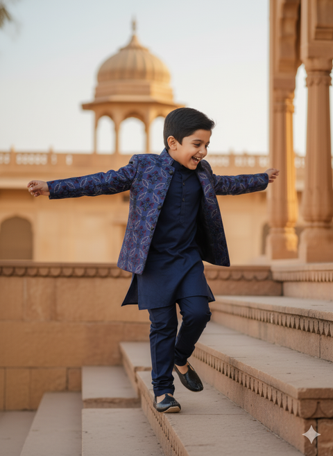 Pre-Order: Threaded Blossom Embriodered Silk Open Jodhpuri  Pure Cotton Kurta Pajama Set -  Blue