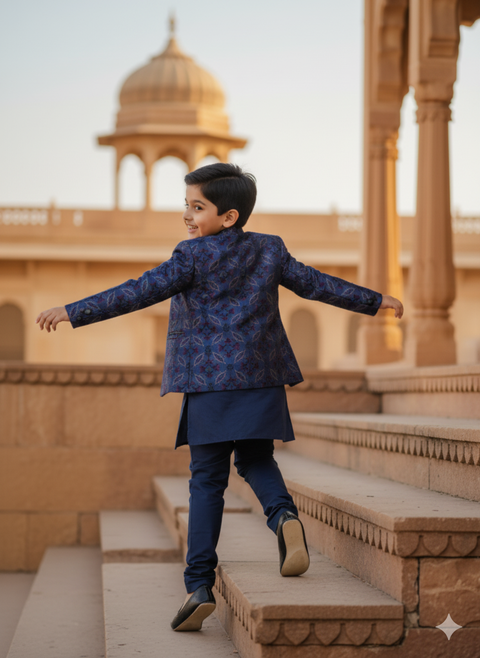 Pre-Order: Threaded Blossom Embriodered Silk Open Jodhpuri  Pure Cotton Kurta Pajama Set -  Blue