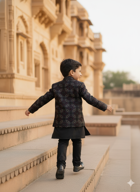 Pre-Order: Threaded Blossom Embriodered Silk Open Jodhpuri  Pure Cotton Kurta Pajama Set -  Black