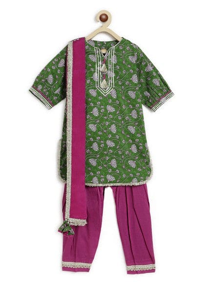 Pre-Order: Girl Floral Jaal  Suit Set - Green