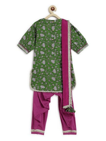 Pre-Order: Girl Floral Jaal  Suit Set - Green