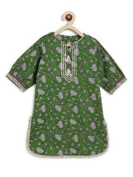Pre-Order: Girl Floral Jaal  Suit Set - Green