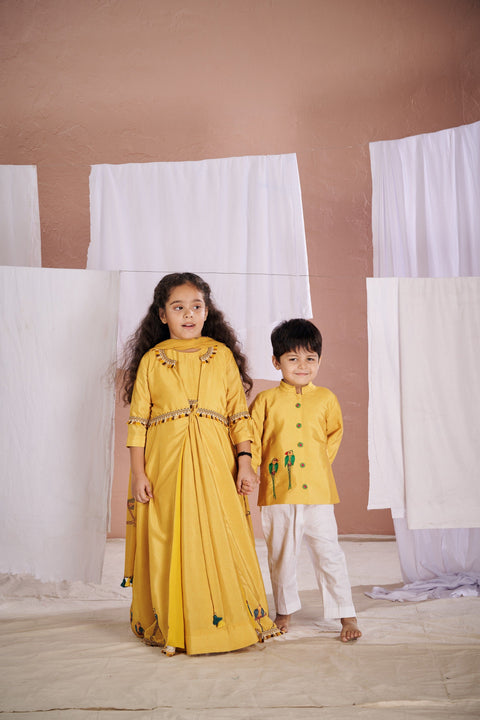 Pre-Order: Yellow Parrot Anarkali Jacket Set