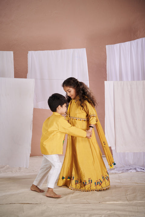 Pre-Order: Yellow Parrot Anarkali Jacket Set