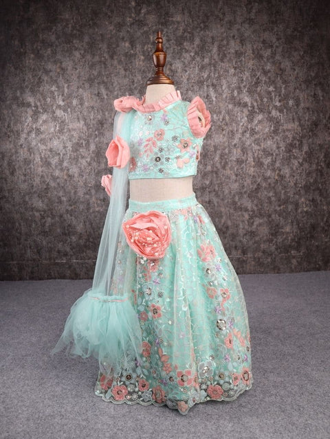 Pre-Order: Green Peach Heavy Embroidery Lehenga