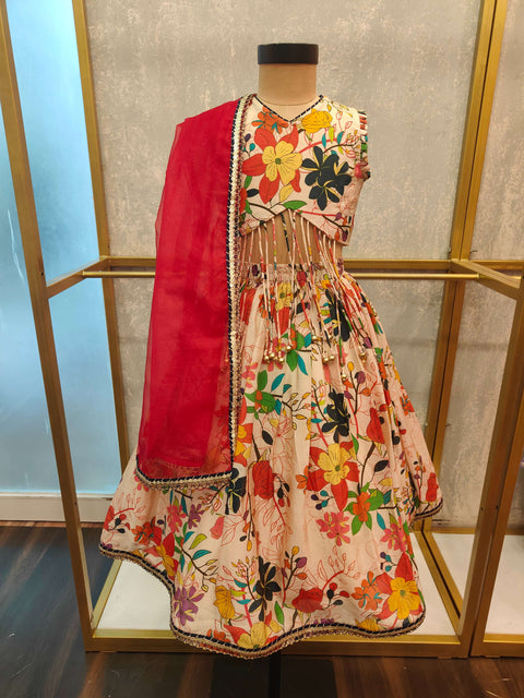 Pre-Order: Beige Floral Dori Ghagra