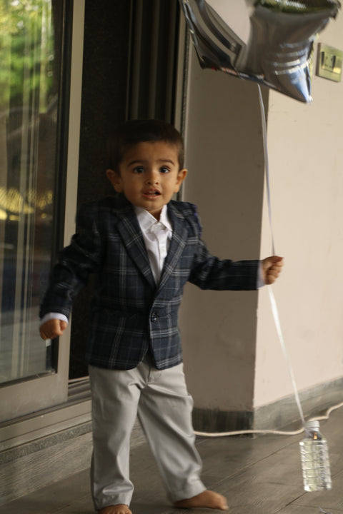 Pre-Order: Classic Checkered Wool Blazer Set - Blue