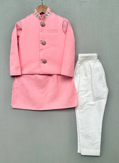 Pre-Order: Pink Embroidered Nehru Jacket Set