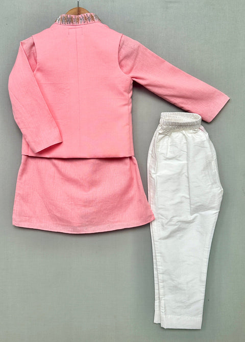 Pre-Order: Pink Embroidered Nehru Jacket Set
