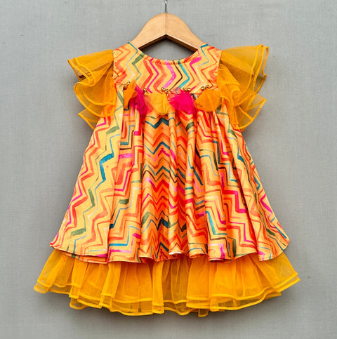 Pre-Order: Vibrant Yellow Zigzag Print Dress with Ruffled Sleeves