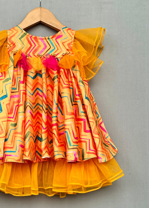 Pre-Order: Vibrant Yellow Zigzag Print Dress with Ruffled Sleeves