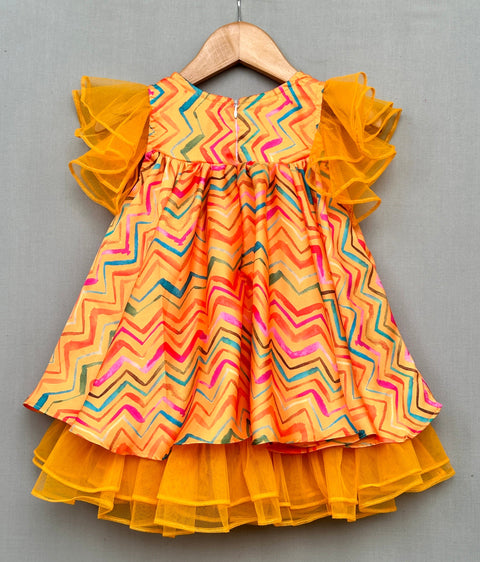 Pre-Order: Vibrant Yellow Zigzag Print Dress with Ruffled Sleeves