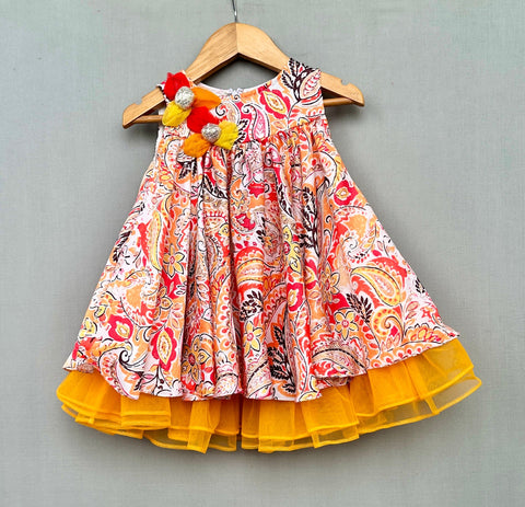 Pre-Order: Festive Paisley Printed Dress with Net Flowers