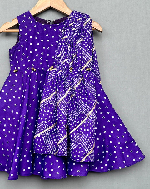 Pre-Order: Purple Bandhani Print Dress with Attached Dupatta