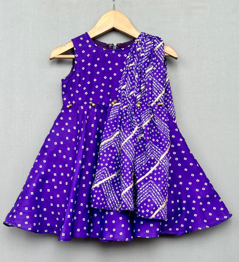 Pre-Order: Purple Bandhani Print Dress with Attached Dupatta