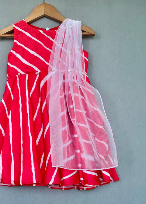 Pre-Order: Red Printed Dress with Attached dupatta