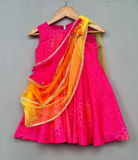 Pre-Order: Bandhni Printed Pink Dress with Multicoloured Attached Dupatta