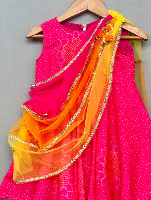 Pre-Order: Bandhni Printed Pink Dress with Multicoloured Attached Dupatta