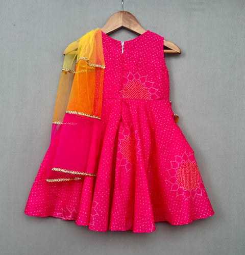 Pre-Order: Bandhni Printed Pink Dress with Multicoloured Attached Dupatta