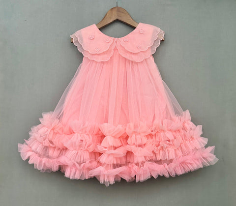 Pre-Order: Organza Embroidered Cape Collar Dress in Baby Pink
