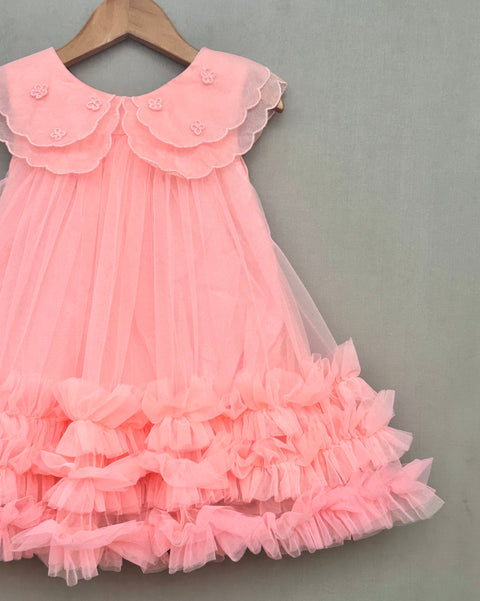 Pre-Order: Organza Embroidered Cape Collar Dress in Baby Pink