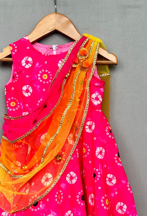 Pre-Order: Festive Pink Printed Dress with Multicolour Attched Dupatta