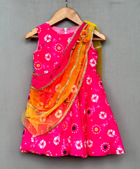 Pre-Order: Festive Pink Printed Dress with Multicolour Attched Dupatta