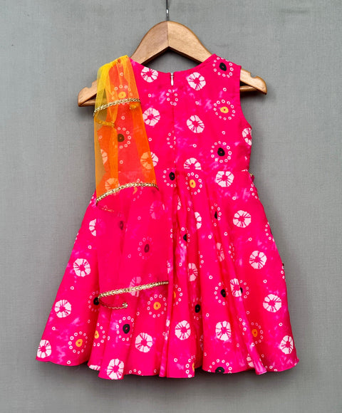Pre-Order: Festive Pink Printed Dress with Multicolour Attched Dupatta