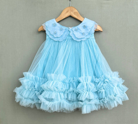Pre-Order: Organza Embroidered Cape Collar Dress in Sky Blue