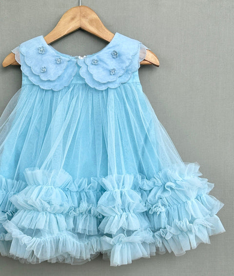 Pre-Order: Organza Embroidered Cape Collar Dress in Sky Blue