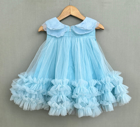 Pre-Order: Organza Embroidered Cape Collar Dress in Sky Blue