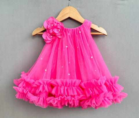 Pre-Order: Hot Pink Dress with Handmade flowers & Pearls