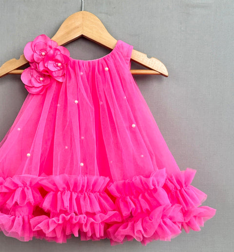 Pre-Order: Hot Pink Dress with Handmade flowers & Pearls