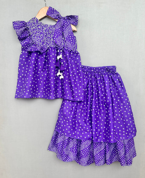 Pre-Order: Embroidered Bandhni Printed Lehenga Set in Purple