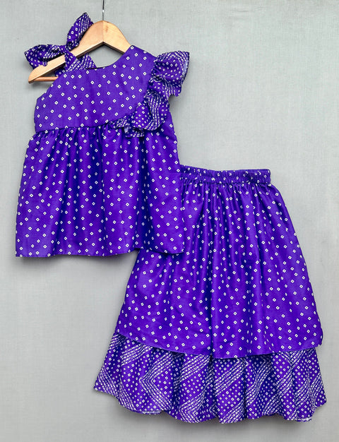 Pre-Order: Embroidered Bandhni Printed Lehenga Set in Purple