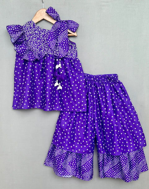 Pre-Order: Hand Embroidered Bandhni Printed Sharara Set in Purple
