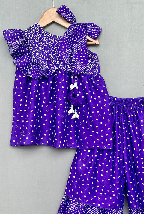 Pre-Order: Hand Embroidered Bandhni Printed Sharara Set in Purple