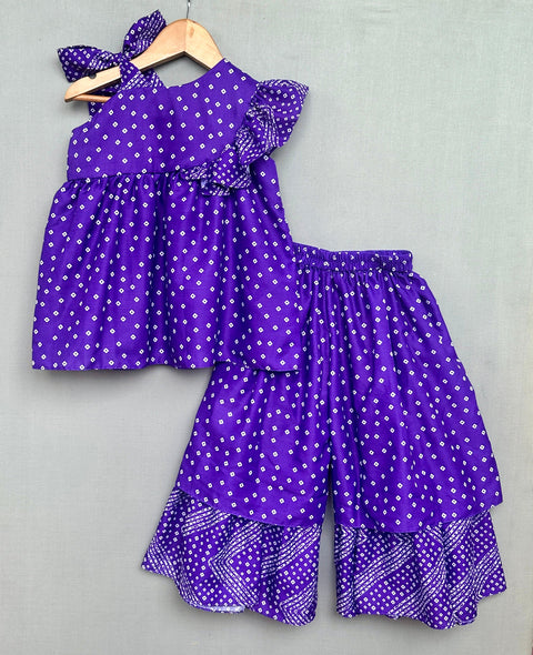 Pre-Order: Hand Embroidered Bandhni Printed Sharara Set in Purple