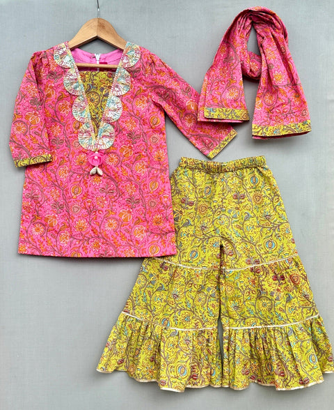 Pre-Order: Pink Floral Sharara Set with Dupatta