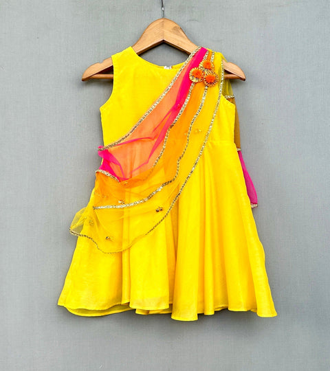 Pre-Order: Bright Yellow Ethnic Dress with 3 colour attached dupatta