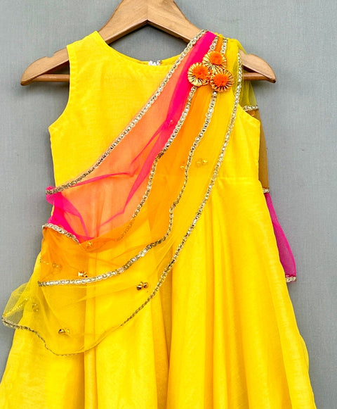 Pre-Order: Bright Yellow Ethnic Dress with 3 colour attached dupatta