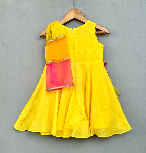 Pre-Order: Bright Yellow Ethnic Dress with 3 colour attached dupatta