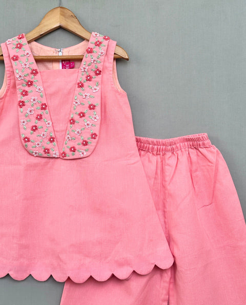 Pre-Order: Peach Linen Collar Embroidered Co-ord Set
