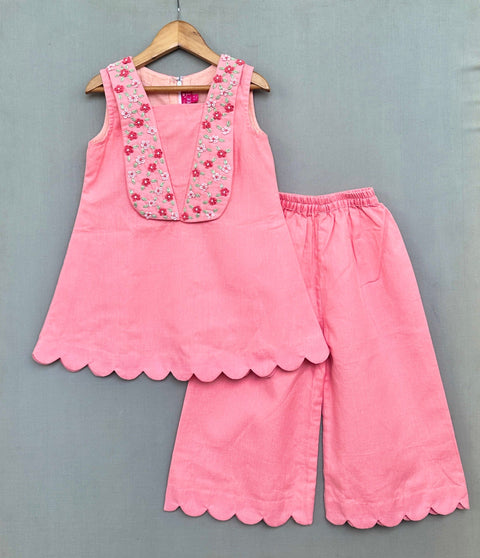 Pre-Order: Peach Linen Collar Embroidered Co-ord Set
