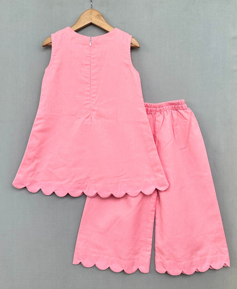 Pre-Order: Peach Linen Collar Embroidered Co-ord Set