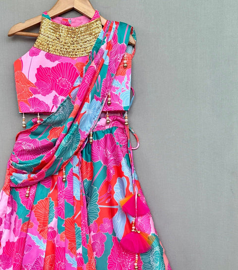 Pre-Order: Vibrant Floral Draped Saree Set