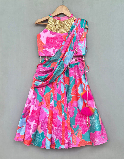 Pre-Order: Vibrant Floral Draped Saree Set