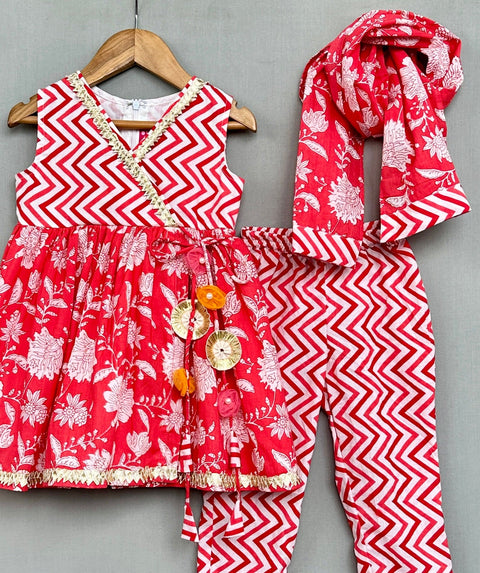 Pre-Order: Red Floral Kurti with Pants & Dupatta