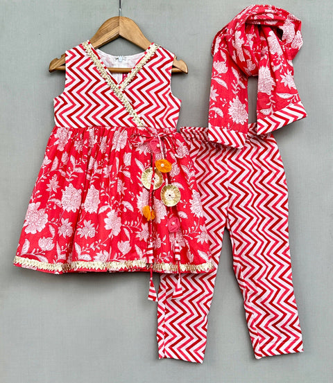 Pre-Order: Red Floral Kurti with Pants & Dupatta