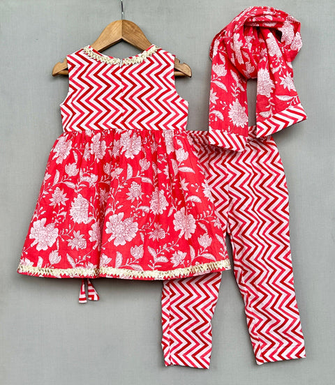 Pre-Order: Red Floral Kurti with Pants & Dupatta